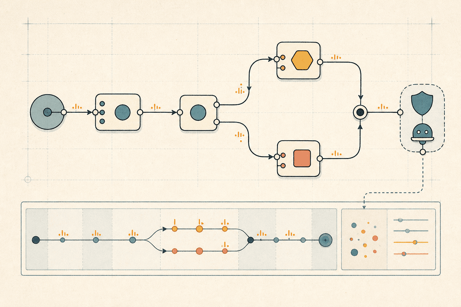 Illustrated Mockflow system story with connected components, branching paths, an event timeline, and a scoped coding-agent boundary.